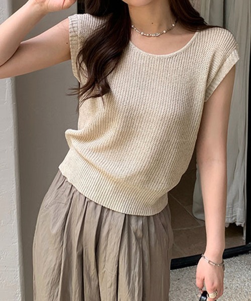 ReRe(リリ)の「ノースリーブニットトップス(ニット/セーター・レディース・ベージュ/ピンク/ベージュ×ブラック/ブラック×ベージュ・FREE)」の6枚目の写真