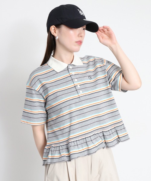 cepo（セポ）の「マルチボーダーポロフリルシャツ（Tシャツ/カットソー・レディース・ホワイト系その他/グレー系その他・M）」の2枚目の写真