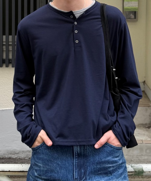 Chikashitsu +】cropped double layered henley neck long sleeve