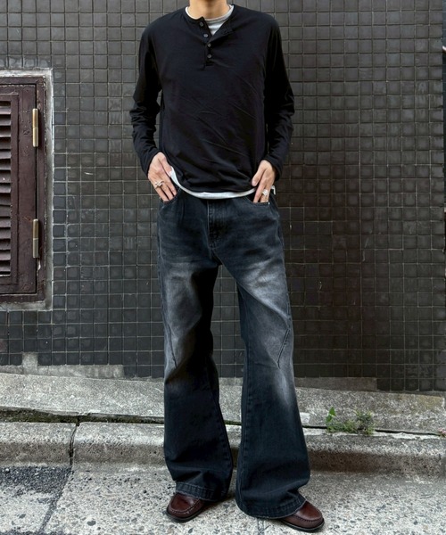 Chikashitsu +(チカシツプラス)の「【Chikashitsu +】cropped double layered henley neck long sleeve / 【チカシツプラス】クロップドダブルレイヤードヘンリーネックロンT<着用動画あり>(Tシャツ/カットソー・メンズ・ブラック/ネイビー/チャコール・ONE SIZE)」の15枚目の写真