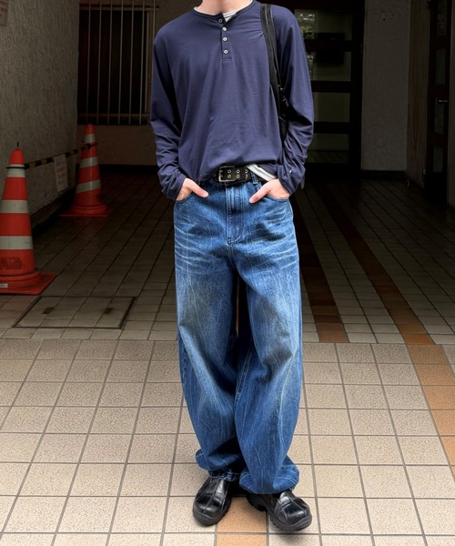 Chikashitsu +】cropped double layered henley neck long sleeve