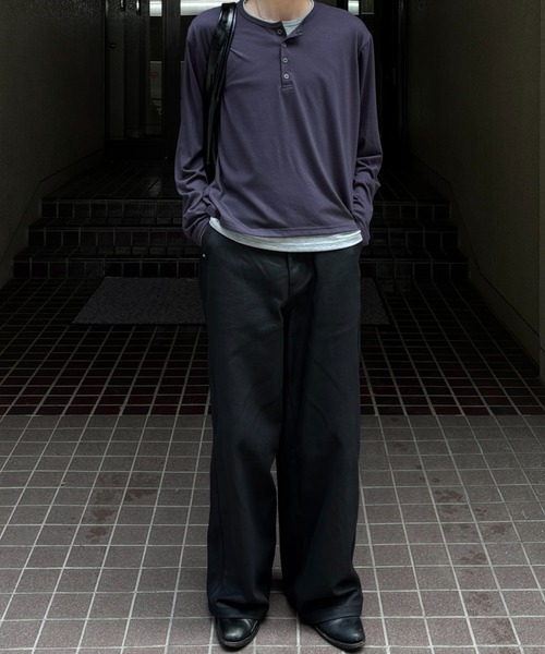 Chikashitsu +】cropped double layered henley neck long sleeve
