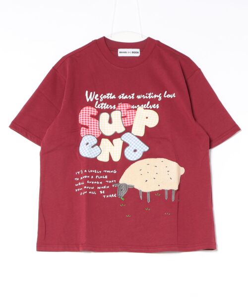 HOOK(フック)の「ギンガムパッチワーク文字アップリケ × もこもこひつじ刺繍 ビッグTシャツ (SS)(Tシャツ/カットソー・メンズ・ワインレッド/ブラック・FREE)」の3枚目の写真