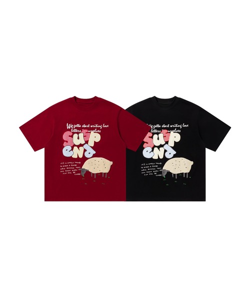 HOOK(フック)の「ギンガムパッチワーク文字アップリケ × もこもこひつじ刺繍 ビッグTシャツ (SS)(Tシャツ/カットソー・メンズ・ワインレッド/ブラック・FREE)」の11枚目の写真