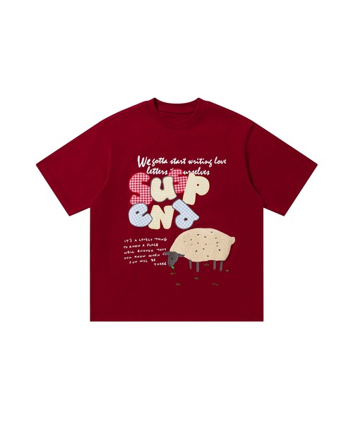 HOOK(フック)の「ギンガムパッチワーク文字アップリケ × もこもこひつじ刺繍 ビッグTシャツ (SS)(Tシャツ/カットソー・メンズ・ワインレッド/ブラック・FREE)」の9枚目の写真
