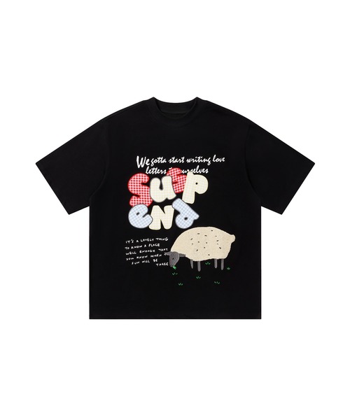 HOOK(フック)の「ギンガムパッチワーク文字アップリケ × もこもこひつじ刺繍 ビッグTシャツ (SS)(Tシャツ/カットソー・メンズ・ワインレッド/ブラック・FREE)」の7枚目の写真