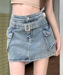 ベルト付き カーゴ デニム ミニスカート インパン付き