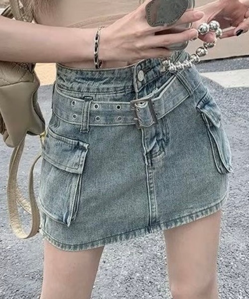 NANEA（ナネア）の「ベルト付き カーゴ デニム ミニスカート　インパン付き（デニムスカート・レディース・ブルー・LARGE/MEDIUM）」の14枚目の写真