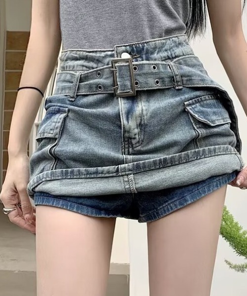 NANEA（ナネア）の「ベルト付き カーゴ デニム ミニスカート　インパン付き（デニムスカート・レディース・ブルー・LARGE/MEDIUM）」の6枚目の写真