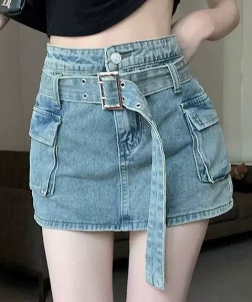 NANEA（ナネア）の「ベルト付き カーゴ デニム ミニスカート　インパン付き（デニムスカート・レディース・ブルー・LARGE/MEDIUM）」の7枚目の写真