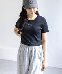 clear | ラインストーンロゴチビT［骨格ウェーブ/クロップドサイズ/華奢見え］(Tシャツ/カットソー)