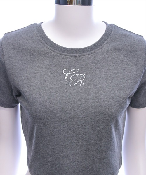 clear（クリア）の「ラインストーンロゴチビT［骨格ウェーブ/クロップドサイズ/華奢見え］（Tシャツ/カットソー・レディース・ブラック/カーキ/オフホワイト/グレー/イエロー/レッド/ピンク・F）」の19枚目の写真
