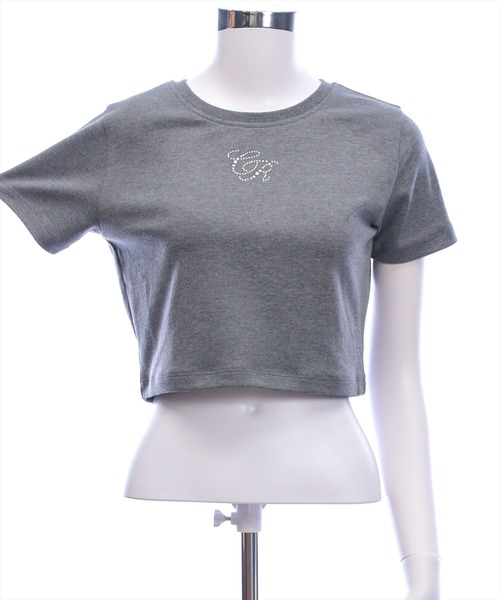 clear（クリア）の「ラインストーンロゴチビT［骨格ウェーブ/クロップドサイズ/華奢見え］（Tシャツ/カットソー・レディース・ブラック/カーキ/オフホワイト/グレー/イエロー/レッド/ピンク・F）」の20枚目の写真