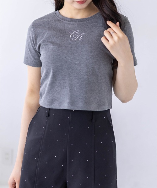 clear（クリア）の「ラインストーンロゴチビT［骨格ウェーブ/クロップドサイズ/華奢見え］（Tシャツ/カットソー・レディース・ブラック/カーキ/オフホワイト/グレー/イエロー/レッド/ピンク・F）」の20枚目の写真