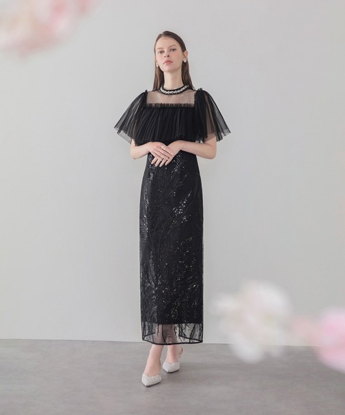 Leja(レジャ)の「【LEJA】ビジューネックチュールスパンコールリーフIラインワンピースオケージョンドレス(ドレス・レディース・グリーン/ブラック・MEDIUM/SMALL)」の2枚目の写真