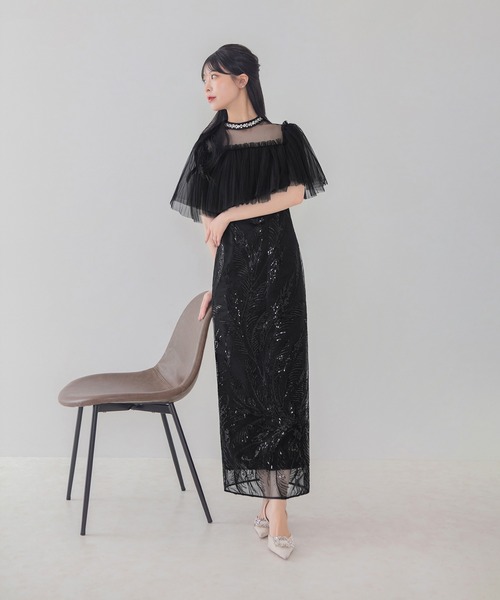 Leja(レジャ)の「【LEJA】ビジューネックチュールスパンコールリーフIラインワンピースオケージョンドレス(ドレス・レディース・グリーン/ブラック・MEDIUM/SMALL)」の17枚目の写真