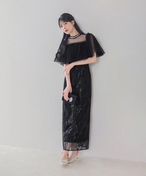 Leja(レジャ)の「【LEJA】ビジューネックチュールスパンコールリーフIラインワンピースオケージョンドレス(ドレス・レディース・グリーン/ブラック・MEDIUM/SMALL)」の3枚目の写真