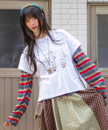 RuNaKi'Hu'（ルナキフ）の「WXT085 オンコストライプアプリケTシャツ (ホワイト)（Tシャツ/カットソー）」