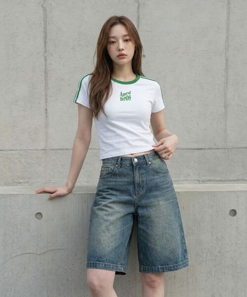 ANEWBROS（アニュブロス）の「ブロネームマーク セミクロップ トラック 半袖Tシャツ 6カラー [ANSE_6002]（Tシャツ/カットソー・レディース・スカイブルー/ネイビー/ピンク/ホワイト×ブラック/ベージュ/ホワイト×グリーン・1）」の12枚目の写真