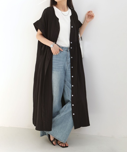 MAISON DE THERESE(メゾン ド テレーズ)の「シャーリング フロントボタン ビッグサイズロングワンピース(ワンピース・レディース・グリーン/Black・FREE)」の1枚目の写真