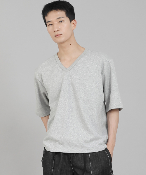 無地Vネック5部半袖Tシャツ VHR-895 グレー（Tシャツ/カットソー