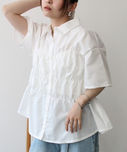 Meli rich（メリーリッチ）の「ブロードシャーリングハーフスリーブシャツ（シャツ/ブラウス・レディース・ブルー/オフホワイト・FREE）」の8枚目の写真