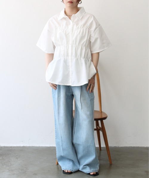 Meli rich（メリーリッチ）の「ブロードシャーリングハーフスリーブシャツ（シャツ/ブラウス・レディース・ブルー/オフホワイト・FREE）」の9枚目の写真