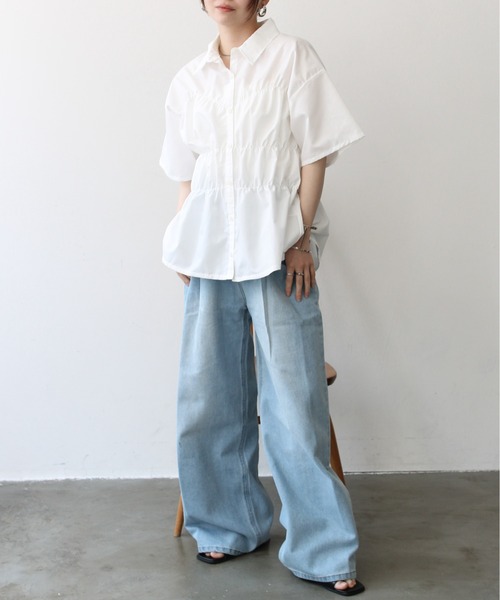 Meli rich（メリーリッチ）の「ブロードシャーリングハーフスリーブシャツ（シャツ/ブラウス・レディース・ブルー/オフホワイト・FREE）」の10枚目の写真