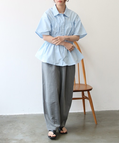 Meli rich（メリーリッチ）の「ブロードシャーリングハーフスリーブシャツ（シャツ/ブラウス・レディース・ブルー/オフホワイト・FREE）」の5枚目の写真