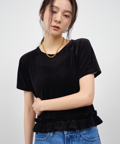 Shelly island(シェリーアイランド)の「裾フリルシアーベロアTシャツ(Tシャツ/カットソー・レディース・ブラック/ブラウン/ホワイト・FREE)」の3枚目の写真