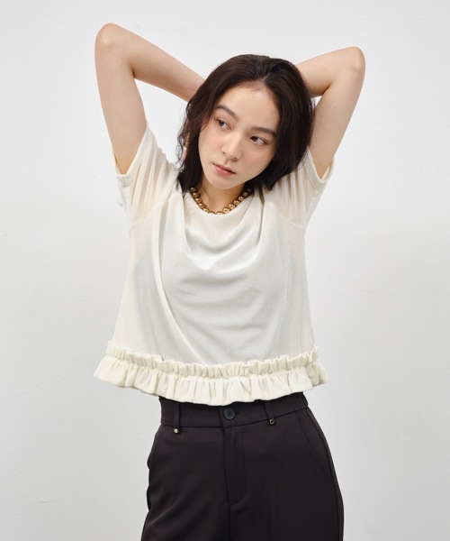 Shelly island(シェリーアイランド)の「裾フリルシアーベロアTシャツ(Tシャツ/カットソー・レディース・ブラック/ブラウン/ホワイト・FREE)」の5枚目の写真