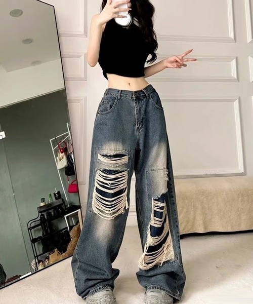 AsheKsha（アシクシャ）の「ディストレスグラデーションの破れたワイドレッグジーンズ（デニムパンツ・レディース・ブルー・F）」の5枚目の写真