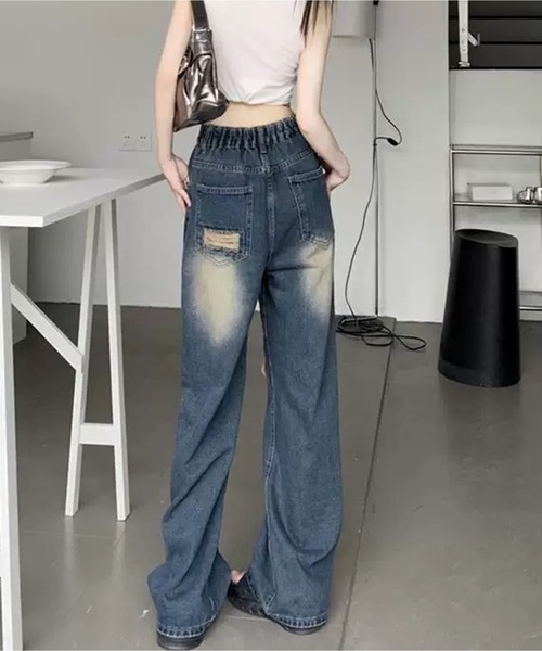 AsheKsha（アシクシャ）の「ディストレスグラデーションの破れたワイドレッグジーンズ（デニムパンツ・レディース・ブルー・F）」の7枚目の写真