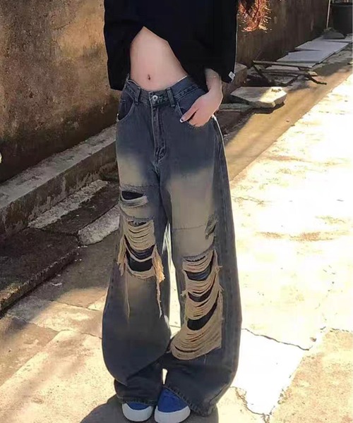 AsheKsha（アシクシャ）の「ディストレスグラデーションの破れたワイドレッグジーンズ（デニムパンツ・レディース・ブルー・F）」の8枚目の写真