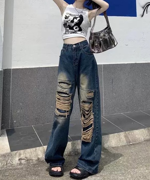 AsheKsha（アシクシャ）の「ディストレスグラデーションの破れたワイドレッグジーンズ（デニムパンツ・レディース・ブルー・F）」の12枚目の写真