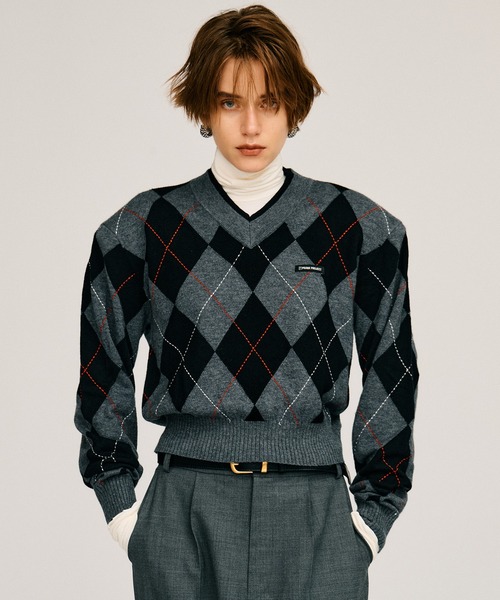 PRANK PROJECT(プランクプロジェクト)の「【2026Autumn Pre-Order】アーガイルパワショルニット / Argyle Power Shoulder Knit(ニット/セーター・レディース・アイボリー/ブラック・FREE)」の2枚目の写真