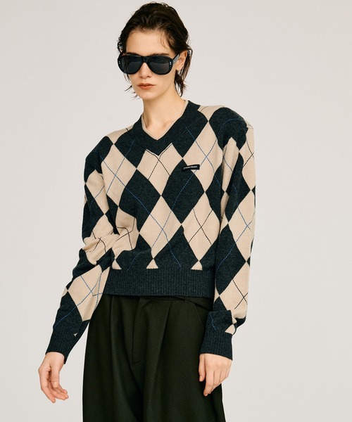 PRANK PROJECT(プランクプロジェクト)の「【2026Autumn Pre-Order】アーガイルパワショルニット / Argyle Power Shoulder Knit(ニット/セーター・レディース・アイボリー/ブラック・FREE)」の1枚目の写真