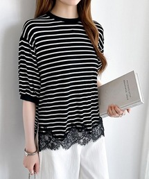レースドッキングボーダーTシャツ 裾レース Tシャツ レース ドッキング トップス ボーダー ボーダーTシャツ レースドッキング 半袖 カットソー 裾レースドッキング 春服 夏服