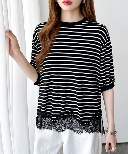 COCOMOMO（ココモモ）の「レースドッキングボーダーTシャツ 裾レース Tシャツ レース ドッキング トップス ボーダー ボーダーTシャツ レースドッキング 半袖 カットソー 裾レースドッキング 春服 夏服（Tシャツ/カットソー・レディース・ブラック/ホワイト・FREE）」の7枚目の写真