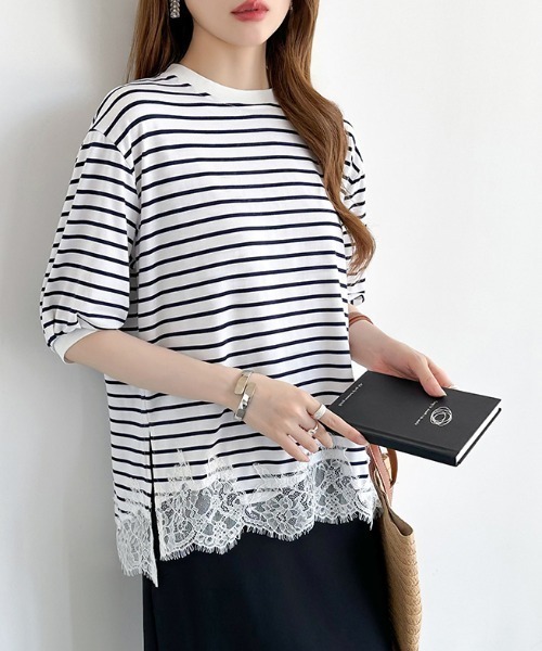 COCOMOMO（ココモモ）の「レースドッキングボーダーTシャツ 裾レース Tシャツ レース ドッキング トップス ボーダー ボーダーTシャツ レースドッキング 半袖 カットソー 裾レースドッキング 春服 夏服（Tシャツ/カットソー・レディース・ブラック/ホワイト・FREE）」の4枚目の写真