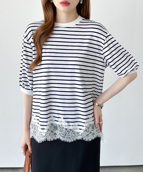 COCOMOMO（ココモモ）の「レースドッキングボーダーTシャツ 裾レース Tシャツ レース ドッキング トップス ボーダー ボーダーTシャツ レースドッキング 半袖 カットソー 裾レースドッキング 春服 夏服（Tシャツ/カットソー・レディース・ブラック/ホワイト・FREE）」の3枚目の写真