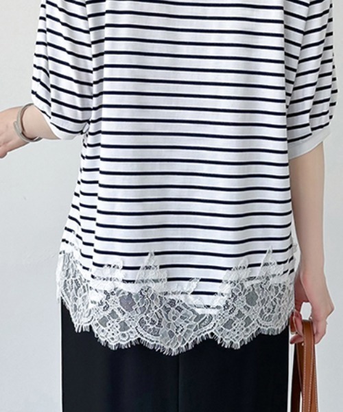 COCOMOMO（ココモモ）の「レースドッキングボーダーTシャツ 裾レース Tシャツ レース ドッキング トップス ボーダー ボーダーTシャツ レースドッキング 半袖 カットソー 裾レースドッキング 春服 夏服（Tシャツ/カットソー・レディース・ブラック/ホワイト・FREE）」の14枚目の写真