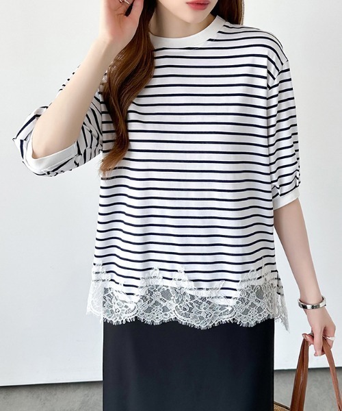COCOMOMO（ココモモ）の「レースドッキングボーダーTシャツ 裾レース Tシャツ レース ドッキング トップス ボーダー ボーダーTシャツ レースドッキング 半袖 カットソー 裾レースドッキング 春服 夏服（Tシャツ/カットソー・レディース・ブラック/ホワイト・FREE）」の12枚目の写真