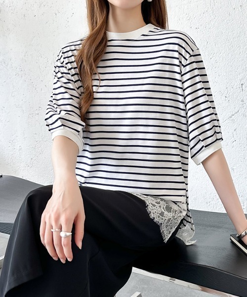COCOMOMO（ココモモ）の「レースドッキングボーダーTシャツ 裾レース Tシャツ レース ドッキング トップス ボーダー ボーダーTシャツ レースドッキング 半袖 カットソー 裾レースドッキング 春服 夏服（Tシャツ/カットソー・レディース・ブラック/ホワイト・FREE）」の13枚目の写真