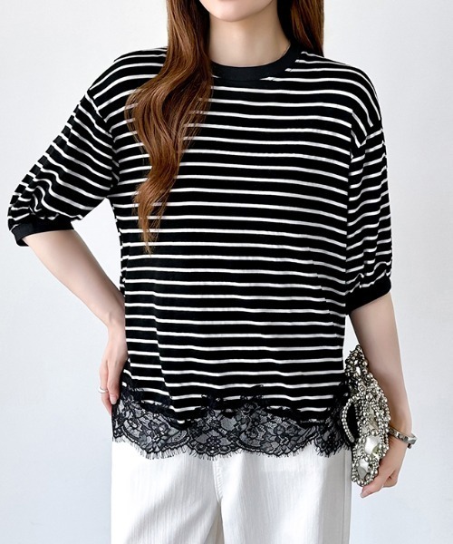 COCOMOMO（ココモモ）の「レースドッキングボーダーTシャツ 裾レース Tシャツ レース ドッキング トップス ボーダー ボーダーTシャツ レースドッキング 半袖 カットソー 裾レースドッキング 春服 夏服（Tシャツ/カットソー・レディース・ブラック/ホワイト・FREE）」の15枚目の写真