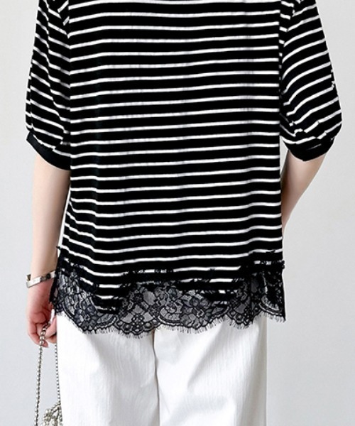 COCOMOMO（ココモモ）の「レースドッキングボーダーTシャツ 裾レース Tシャツ レース ドッキング トップス ボーダー ボーダーTシャツ レースドッキング 半袖 カットソー 裾レースドッキング 春服 夏服（Tシャツ/カットソー・レディース・ブラック/ホワイト・FREE）」の19枚目の写真