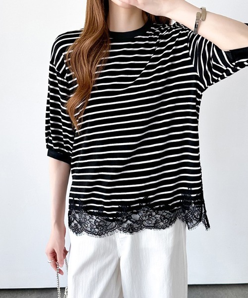 COCOMOMO（ココモモ）の「レースドッキングボーダーTシャツ 裾レース Tシャツ レース ドッキング トップス ボーダー ボーダーTシャツ レースドッキング 半袖 カットソー 裾レースドッキング 春服 夏服（Tシャツ/カットソー・レディース・ブラック/ホワイト・FREE）」の16枚目の写真