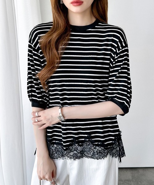 COCOMOMO（ココモモ）の「レースドッキングボーダーTシャツ 裾レース Tシャツ レース ドッキング トップス ボーダー ボーダーTシャツ レースドッキング 半袖 カットソー 裾レースドッキング 春服 夏服（Tシャツ/カットソー・レディース・ブラック/ホワイト・FREE）」の17枚目の写真