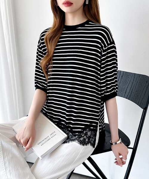 COCOMOMO（ココモモ）の「レースドッキングボーダーTシャツ 裾レース Tシャツ レース ドッキング トップス ボーダー ボーダーTシャツ レースドッキング 半袖 カットソー 裾レースドッキング 春服 夏服（Tシャツ/カットソー・レディース・ブラック/ホワイト・FREE）」の18枚目の写真