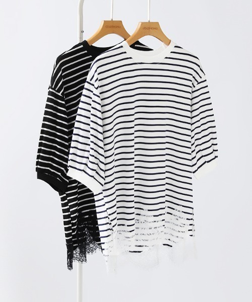 COCOMOMO（ココモモ）の「レースドッキングボーダーTシャツ 裾レース Tシャツ レース ドッキング トップス ボーダー ボーダーTシャツ レースドッキング 半袖 カットソー 裾レースドッキング 春服 夏服（Tシャツ/カットソー・レディース・ブラック/ホワイト・FREE）」の20枚目の写真